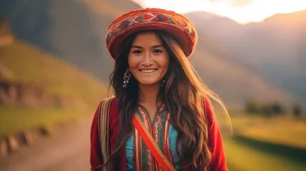 Foto op Canvas Peruvian woman in traditional clothing on an Inca trail - path in Cusco, Peru © xavmir2020