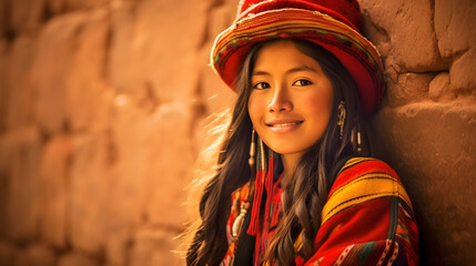Peruvian young woman in traditional clothing on an Inca wall in Chinchero, Cusco, Peru - obrazy, fototapety, plakaty