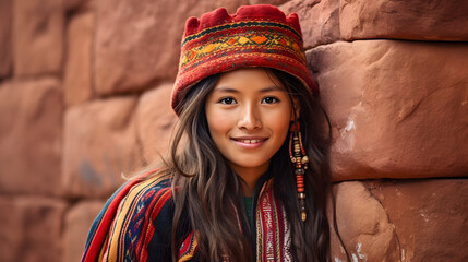 Peruvian young woman in traditional clothing on an Inca wall in Chinchero, Cusco, Peru