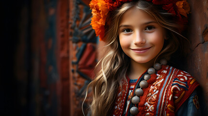 beautiful american girl in traditional clothes, Cusco little girl smiling, peru - obrazy, fototapety, plakaty