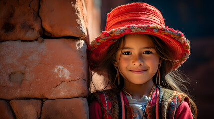beautiful quechua girl en traditional clothes, Cusco little girl smiling, peruvian - obrazy, fototapety, plakaty
