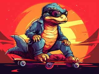 Cartoon Character Riding a Skateboard Against a Beautiful Sunset