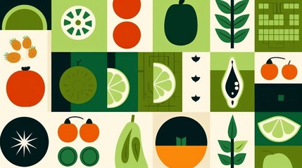 Organic fruit vegetable geometric pattern. Natural food background creative simple bauhaus style, agriculture design, Generative AI