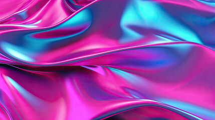 minimalist abstract shiny holographic foil wave silk texture with soft colorful pattern of magenta, cyan and pink fabric created with Generative AI Technology