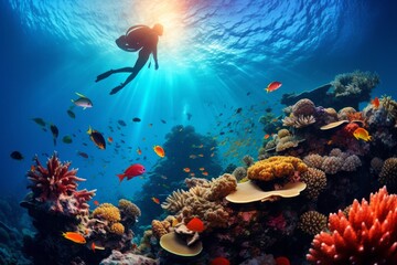 Fototapeta na wymiar Scuba diver exploring vibrant coral reefs and encountering an array of colorful marine life in clear, azure waters. AI generative