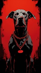 Obraz premium A Majestic Black Dog Standing Proudly Against a Striking Red Background