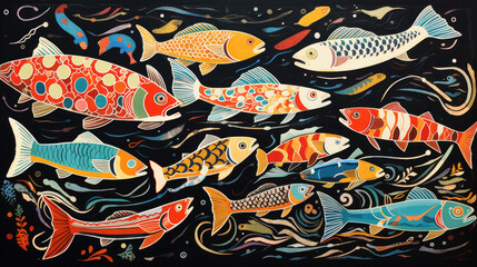 Naklejka premium Traditional Chinese painting of various fish with colorful patterns and markings in the ocean on dark background