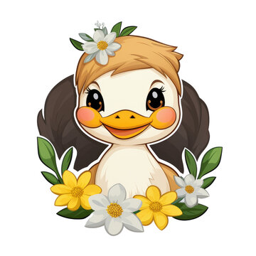 A Playful Cartoon Duck with a Colorful Flower Collar