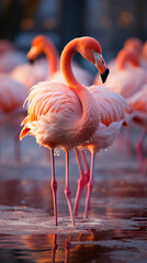 the grace and beauty of a group of pink flamingos birds standing in shallow water in their natural habitat created with Generative AI Technology 