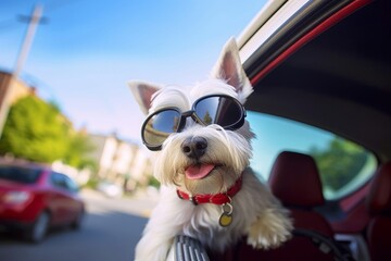west highland white terrier with goggles on riding in a car with the window down through an urban city neighborhood on a warm sunny summer day, Generative AI