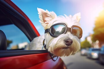 west highland white terrier with goggles on riding in a car with the window down through an urban city neighborhood on a warm sunny summer day, Generative AI - obrazy, fototapety, plakaty