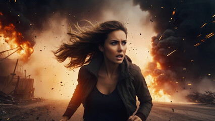 Woman running in front of a fiery explosion
