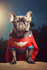 cute french bulldog in a super hero costume, Generative AI - obrazy, fototapety, plakaty