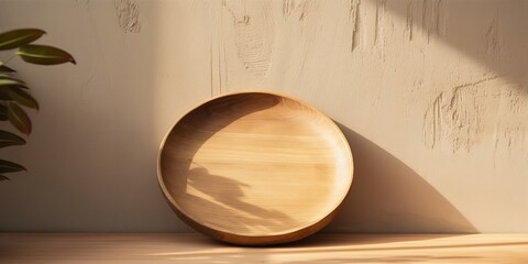 Rustic wood plate mockup and shadows on the wall. Rustic wood plate.. Mock up for food products cosmetics or jewelry. Front view, Generative AI