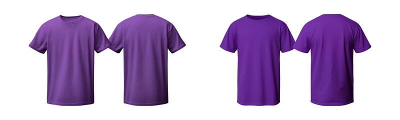 realistic set of male purple t-shirts mockup front and back view isolated on a transparent background, cut out