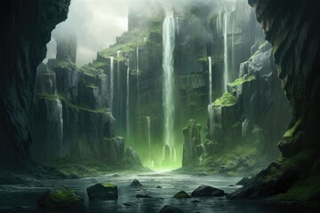 Naklejka premium A Hidden Oasis: A Cave Transformed by a Majestic Waterfall
