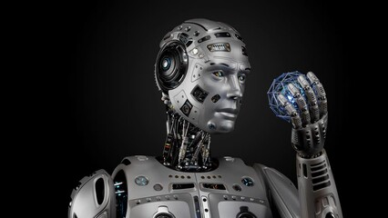 Very detailed futuristic robot man or humanoid cyborg holds a mysterious rotating sphere with blue light ball inside. 3d rendering animation isolated on black background with alpha - Powered by Adobe
