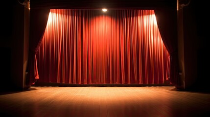 empty theater stage with red curtains and spotlight - obrazy, fototapety, plakaty