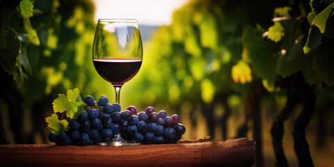 Red wine glass decorated with grapes standing on a table in the vine - obrazy, fototapety, plakaty