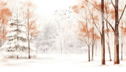 Abstract art with winter forest, snowy tree background in watercolor style