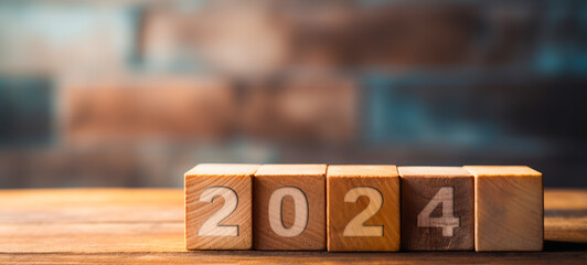 A stack of wooden blocks cube. 2024 new year concept, Copy space, Business 2024 concept, For art texture, presentation design or web design and web background. - obrazy, fototapety, plakaty