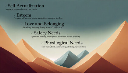 maslow's hierarchy with rising hill such as physiological, safety, love, belonging, self, actualisim, breathing, food, water, sex, sleep, homeostasis, excretion, employment, resources