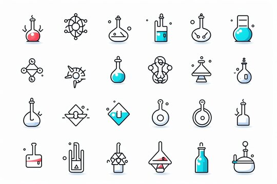 Medical science icons. Simple line chemistry virus lab set of medical analysis experiment, laboratory test flask, chemical formula and reaction tube.  illustration editable, Generative AI