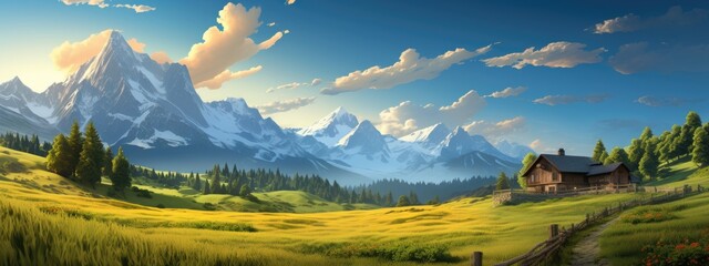 A Majestic Mountain Landscape with a Charming House in the Foreground