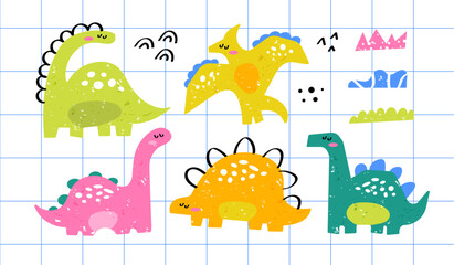 Set of dinosaur doodles with texture. Isolated decorative elements on white background   © Lyasya