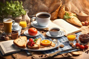 AI Generated Mediterranean breakfast still life Cup of coffee book background