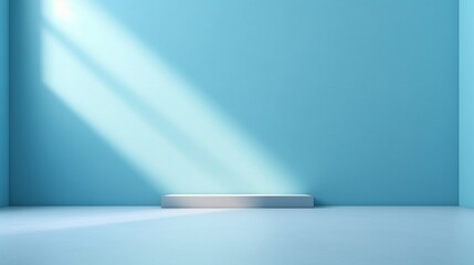 Minimalist Radiance: An Empty Podium Shelf Set Against a Light Blue Background, Bathed in Sunlight