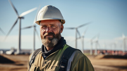 male construction worker looks at the camera confidently against the backdrop of environmentally friendly energy wind turbines