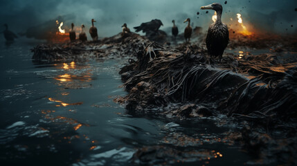 Photo of the oil spill in the ocean, with birds covered in black tar, representing the devastating impact of pollution. - obrazy, fototapety, plakaty