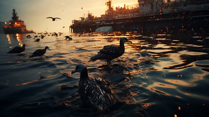 Photo of the oil spill in the ocean, with birds covered in black tar, representing the devastating impact of pollution.