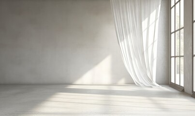 Beautiful sunlight, blowing white sheer linen, blackout curtain from open window on blank white concrete wall, polished cement floor for interior design, air flow ventilation, Generative AI