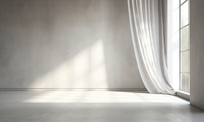 Beautiful sunlight, blowing white sheer linen, blackout curtain from open window on blank white concrete wall, polished cement floor for interior design, air flow ventilation, Generative AI - obrazy, fototapety, plakaty