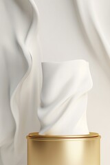 3D display podium white background. Luxury flying cloth in motion. Glamour minimal pedestal for beauty, cosmetic product presentation. Feminine copy space template, luxury curtain, Generative AI
