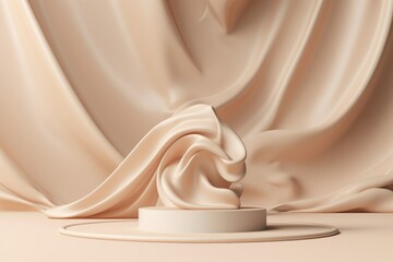 3D display podium, beige background with pedestal and flying nude color silk cloth curtain. Nature wind. Beauty, cosmetic product presentation stand. Luxury feminine mockup 3d render, Generative AI