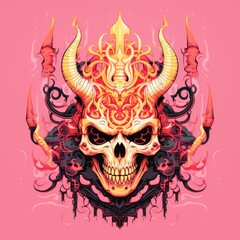 The Dark Enigma: A Skull with Horns and a Demon's Head on a Pink Background