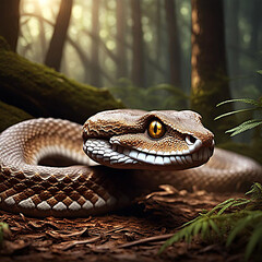 Fototapeta premium Brown scaled viper in a forest, scar on one of its eye, golden bright eyes,