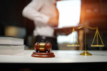 Judge gavel with Justice lawyers having team Concepts of Law and Legal services