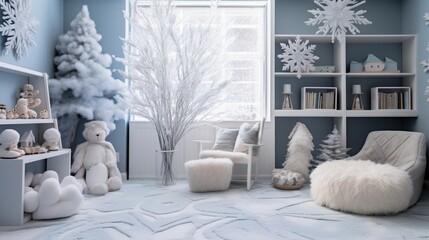 A winter wonderland playroom with snowflake decor, fluffy rugs, and a sled-shaped bookshelf for a magical and playful space. 