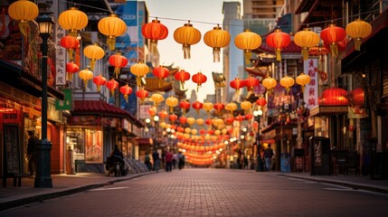 Chinese Lanterns Over Historic Chinatown Street at Dusk SLR Camera, Telephoto Lens,ai generated - obrazy, fototapety, plakaty