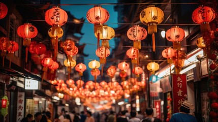 Fototapeta na wymiar Chinese Lanterns Over Historic Chinatown Street at Dusk SLR Camera, Telephoto Lens,ai generated