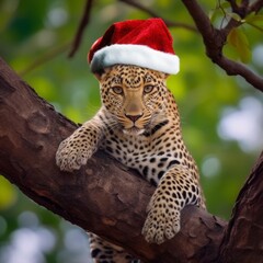 A portrait of a Bengal tiger with a Santa hat on its head is lying on a tree branch.