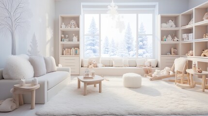 A winter wonderland playroom with snowflake decor, fluffy rugs, and a sled-shaped bookshelf for a magical and playful space.