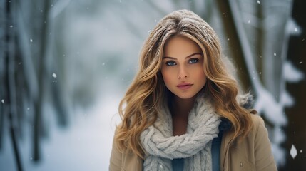 woman and winter,Beautiful woman standing among snowy trees in winter forest