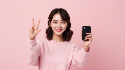 Fototapeta premium Woman and technology, beautiful woman with smartphone and light pink background