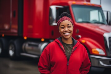 A smiling african american female truck driver standing near  semi truck