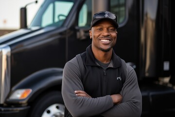 A smiling african american male truck driver standing near  semi truck